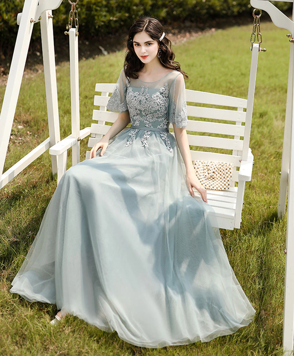 Green Tulle Lace Long Prom Dress, Green Tulle Lace Bridesmaid Dress - Deanwangkt