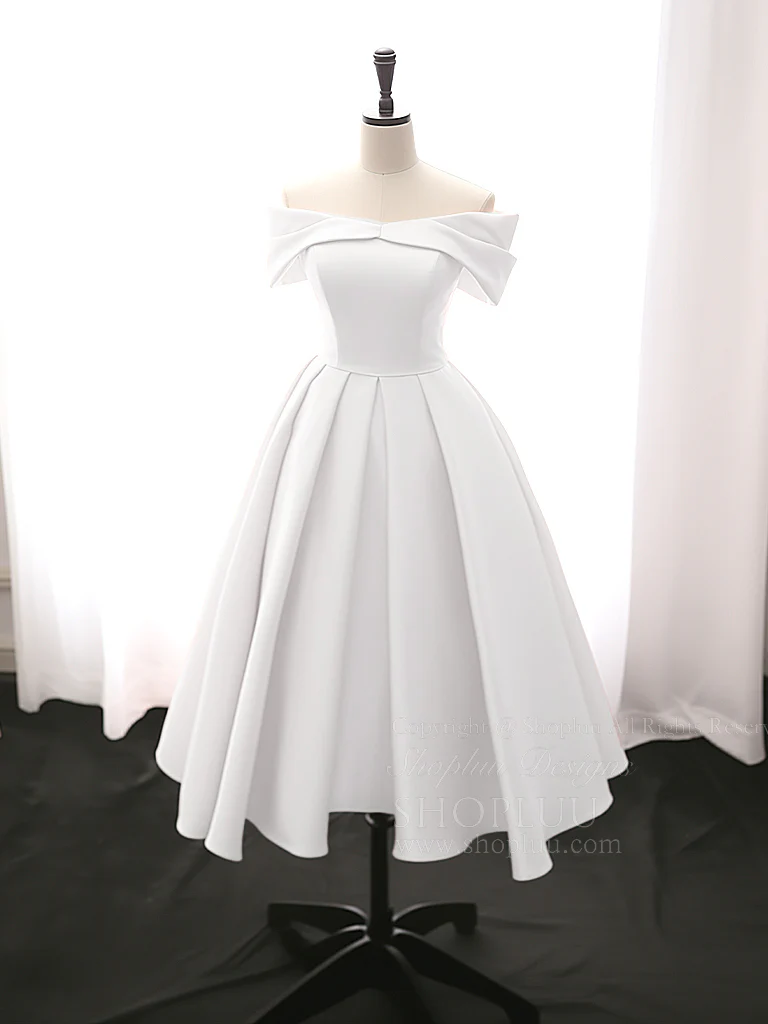 A-Line Off Shoulder Satin Tea Length Blue Prom Dress, Blue Formal Dress - Deanwangkt