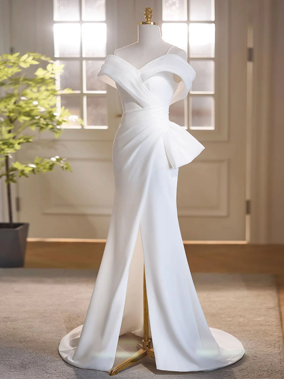 White Off Shoulder Satin Long Prom Dress, White Formal Dress - Deanwangkt
