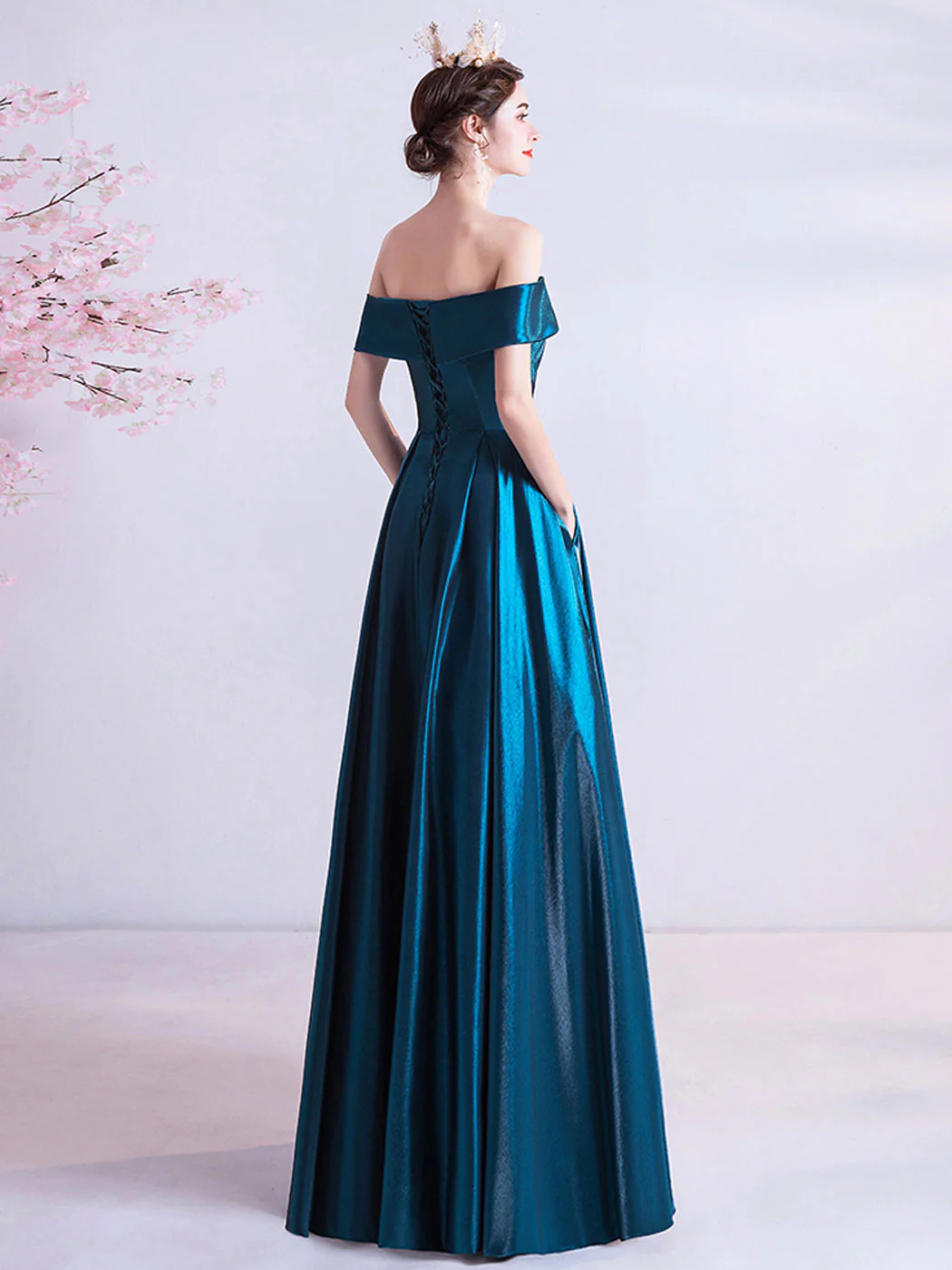 A-Line Sweetheart Neck Satin Blue Long Prom Dress, Blue Evening Dresses - Deanwangkt