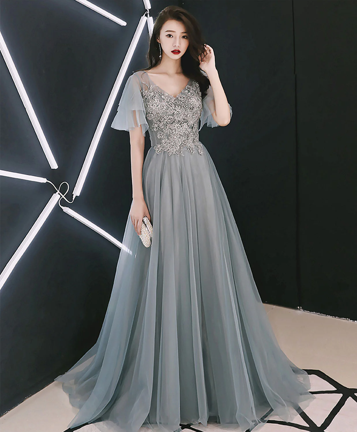 Gray V Neck Cap Sleeve Tulle Lace Long Prom Dress, Evening Dress - Deanwangkt