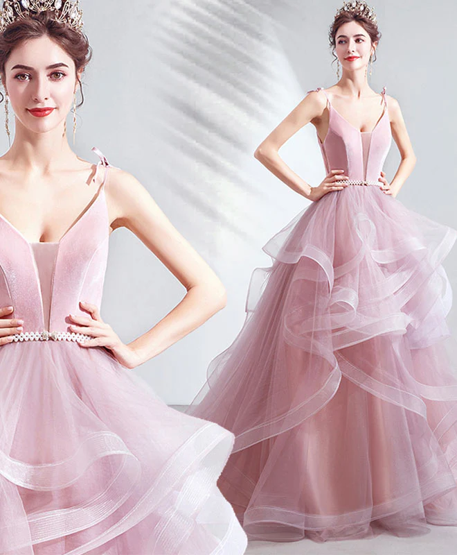 Pink V Neck Tulle Long Prom Dress Pink Tulle Evening Dress - Deanwangkt