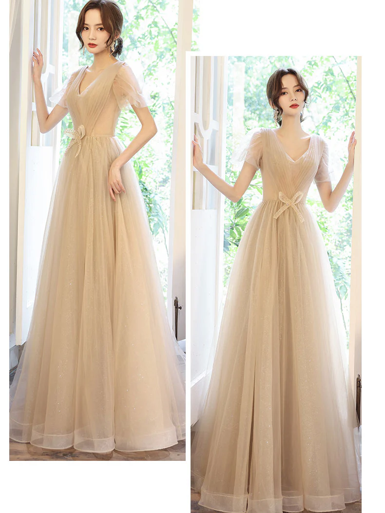 Simple A line Champagne Long Prom Dress, Champagne Bridesmaid Dress - Deanwangkt