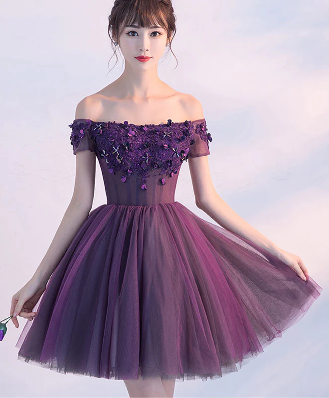 Cute A Line Purple Off Shoulder Short Prom Dress,Homecoming Dress - Deanwangkt