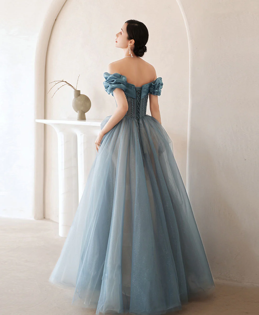 Blue Sweetheart Off Shoulder Tulle Long Prom Dress Blue Formal Dress - Deanwangkt