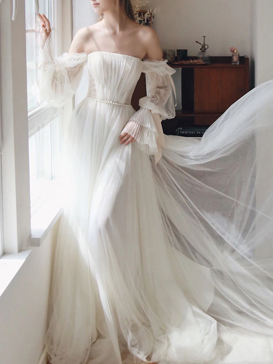 White Tulle A line Long Prom Dress, White Formal Dresses - Deanwangkt