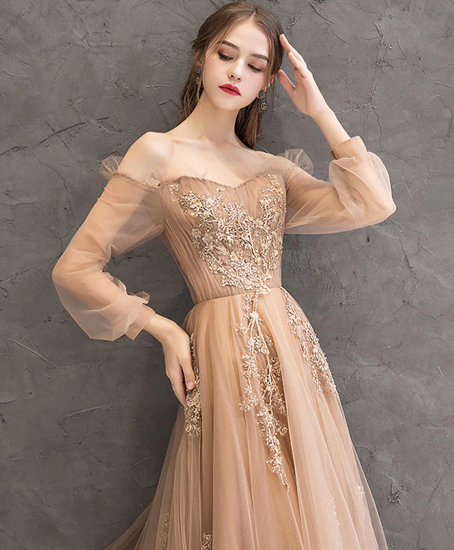 Champagne Tulle Lace Long Prom Dress Champagne Tulle Evening Dress - Deanwangkt