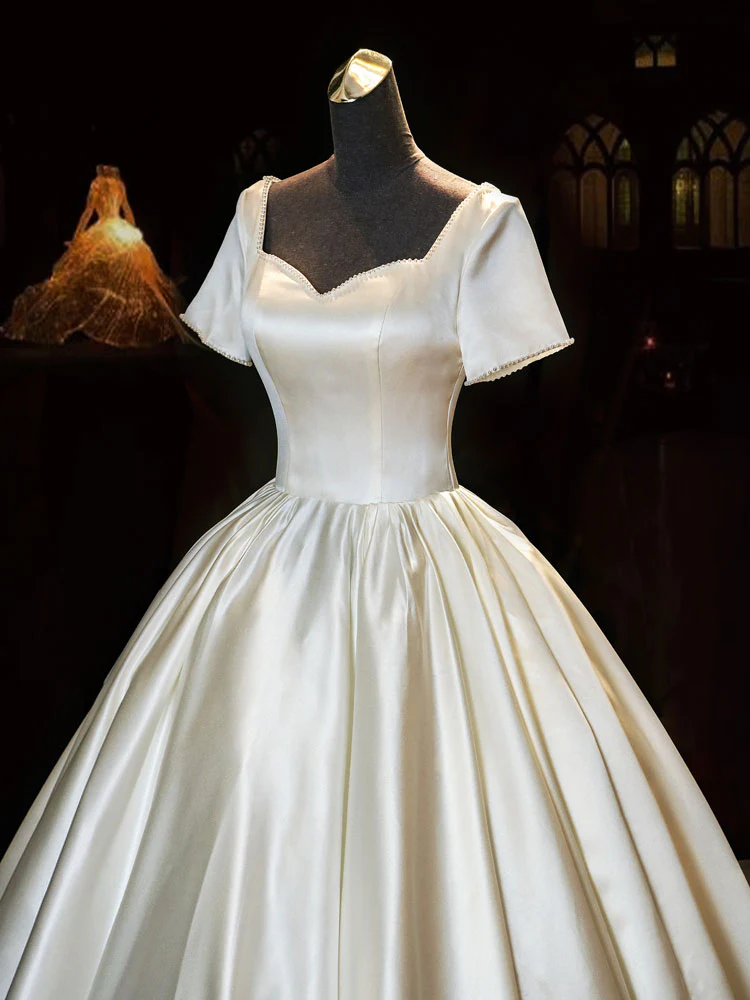 White Sweetheart Satin Long Bridal Dress White Wedding Dress - Deanwangkt