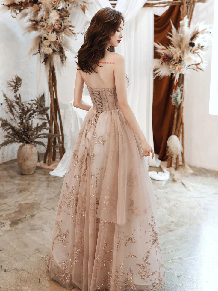 A-line Champagne Tulle Lace Long Prom Dress Lace Evening Dress - Deanwangkt