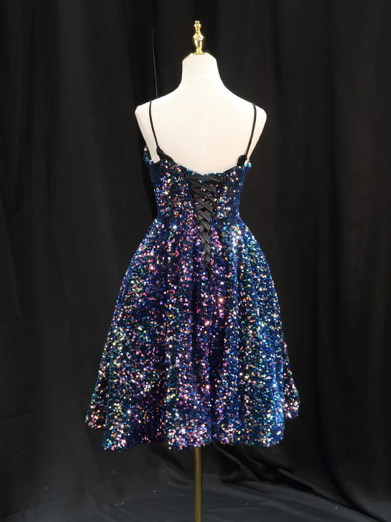 Simple Sequin Blue Short Prom Dress, Blue Homecoming Dress - Deanwangkt