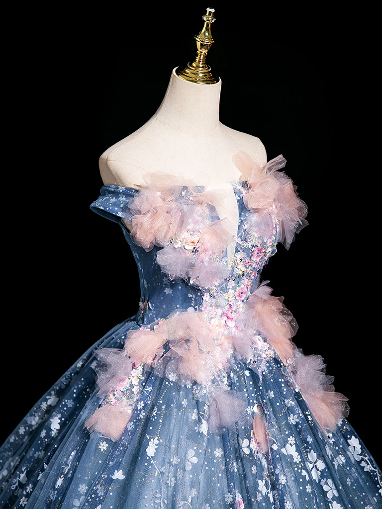 A-Line Off Shoulder Tulle Lace Gray Blue Long Prom Dress, Gray Blue Long Formal Dress - Deanwangkt