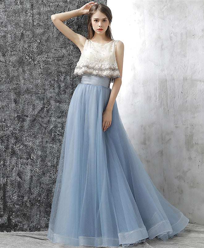 Gray Blue Two Pieces Tulle Long Prom Dress, Gray Blue Evening Dress - Deanwangkt