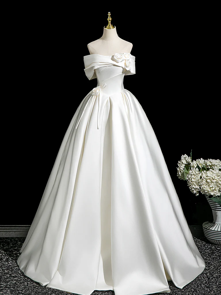 A-Line Off Shoulder Satin White Long Prom Dress, White Long Formal Dress - Deanwangkt