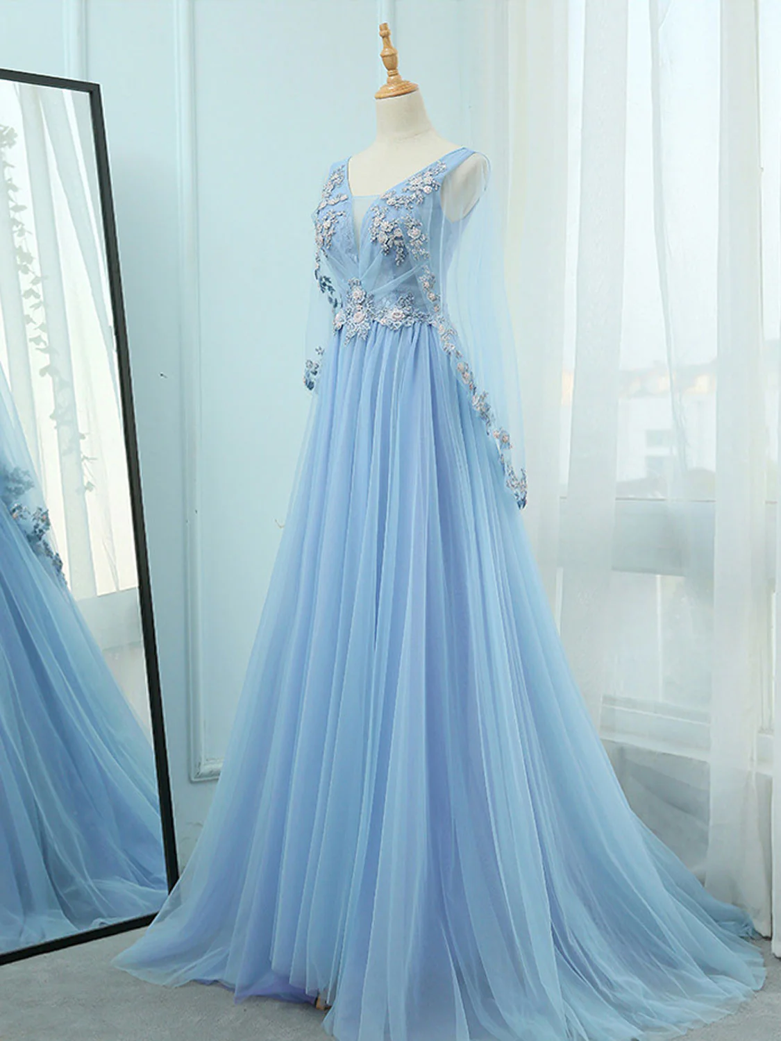 A-Line V Neck  Tulle Lace Blue Long Prom Dresses, Blue Formal Evening Dress - Deanwangkt
