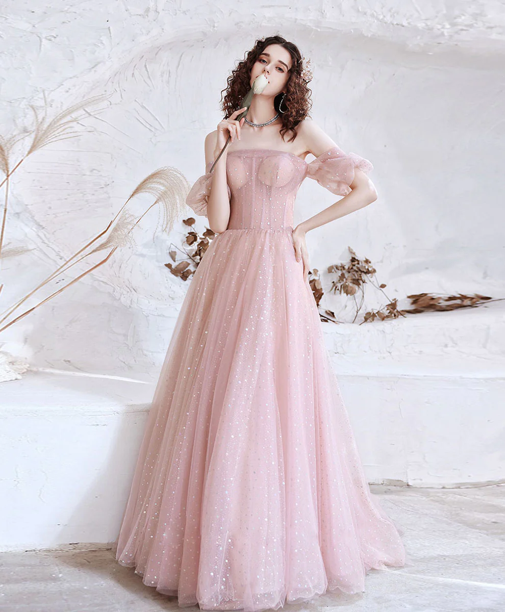 Pink Aline Tulle Long Prom Dress, Pink Formal Evening Party Dress - Deanwangkt