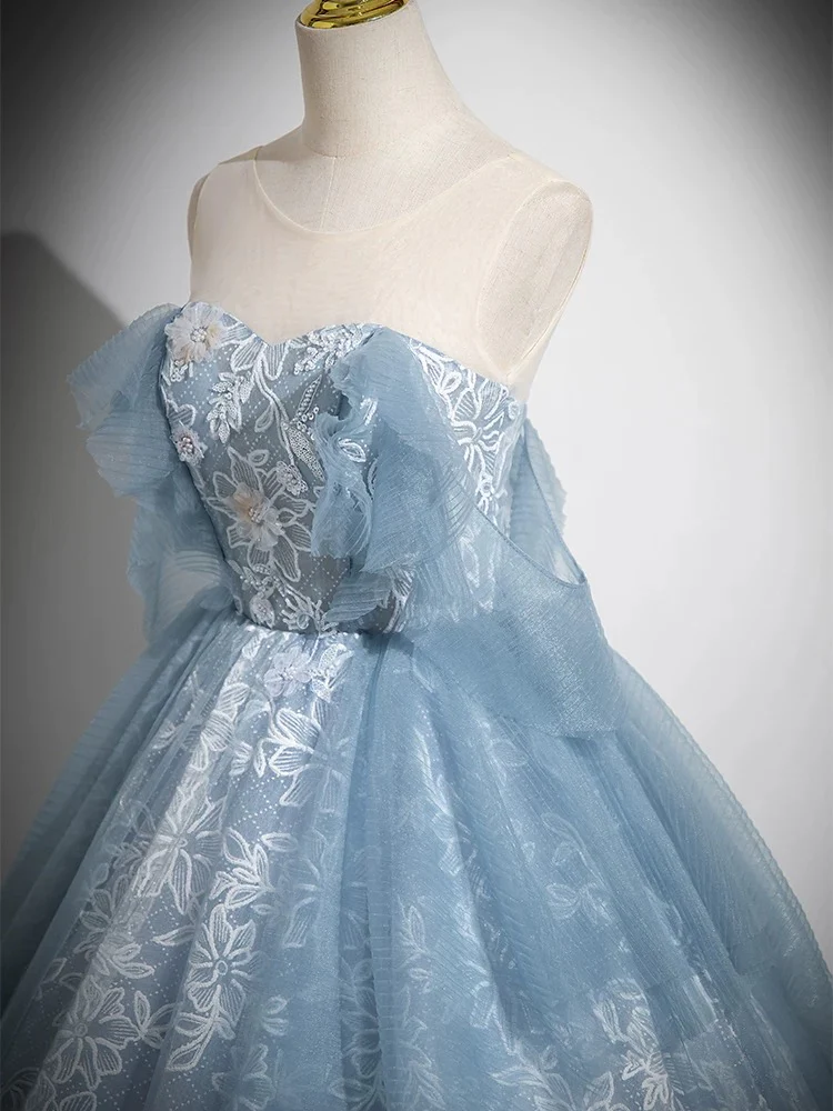 A-Line Sweetheart Neck Tulle Lace Gray Blue Long Prom Dress, Gray Blue Evening Dress - Deanwangkt