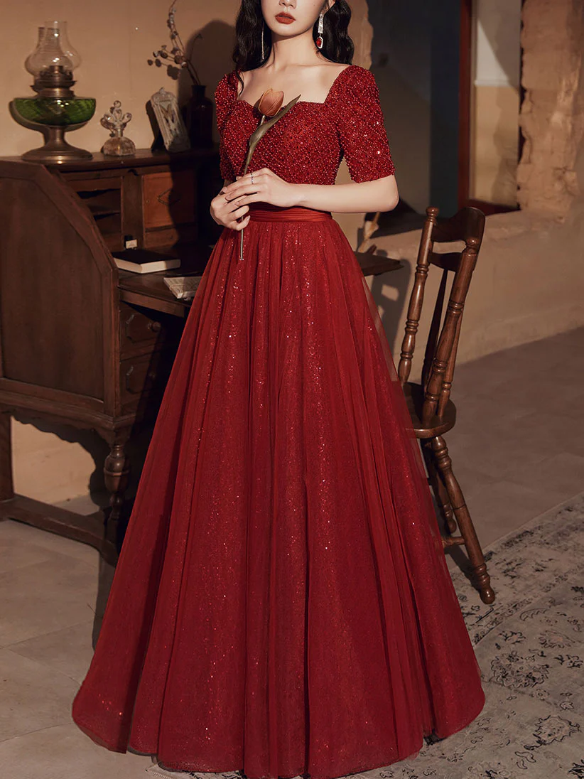 Burgundy Aline Beading Long Prom Dress, Burgundy Tulle Formal Dress - Deanwangkt