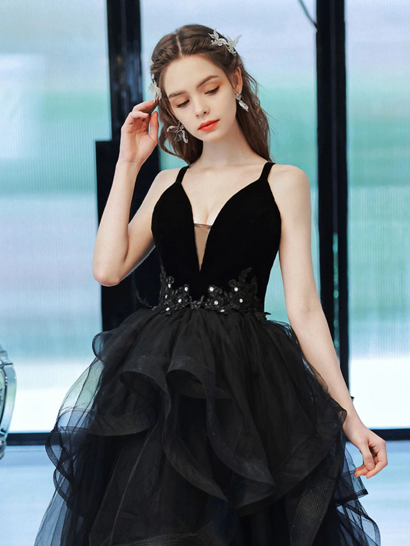 Black V Neck Tulle Long Prom Dress, Black Tulle Formal Graduation Dresses - Deanwangkt