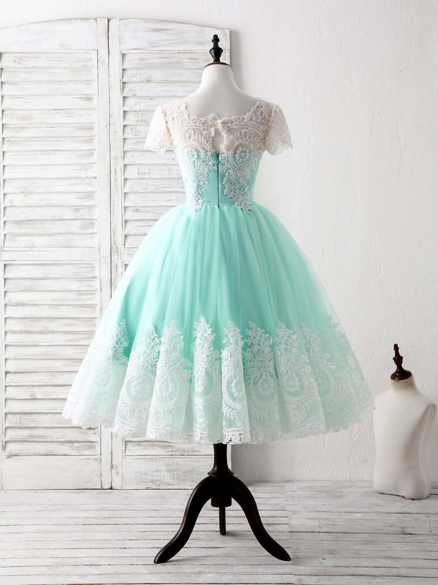 Blue Tulle Lace Short Prom Dress Blue Bridesmaid Dress - Deanwangkt