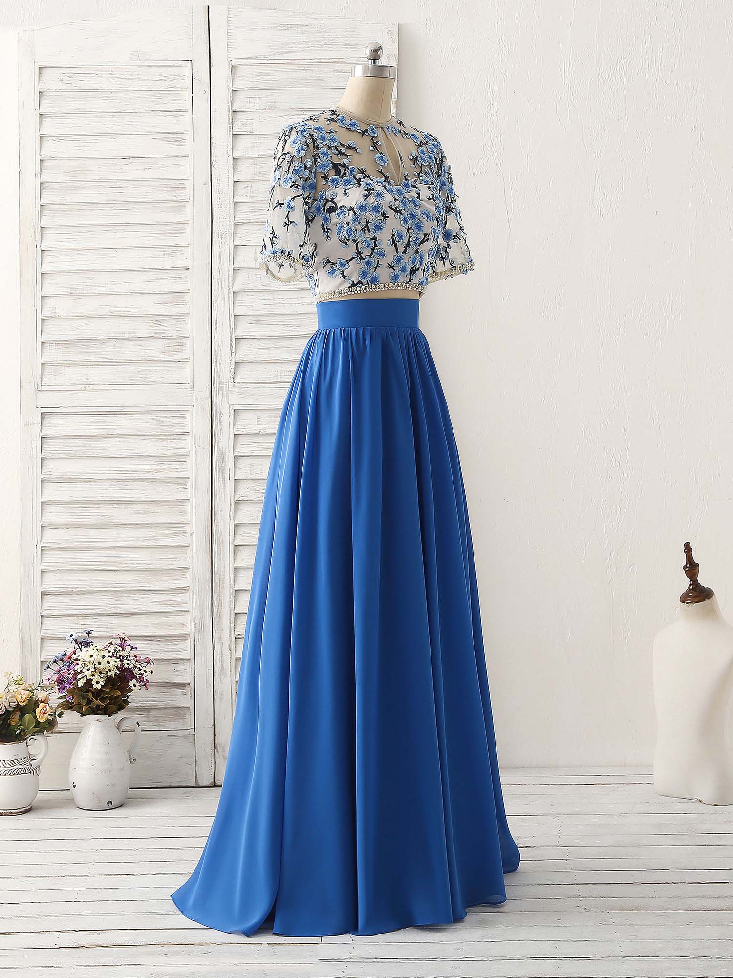 Unique Blue Two Pieces Long Prom Dress Applique Formal Dress - Deanwangkt