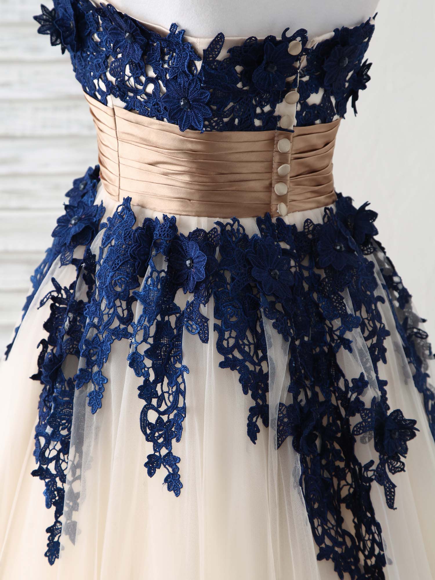 Dark Blue Lace Applique Tulle Long Prom Dress Blue Bridesmaid Dress - Deanwangkt