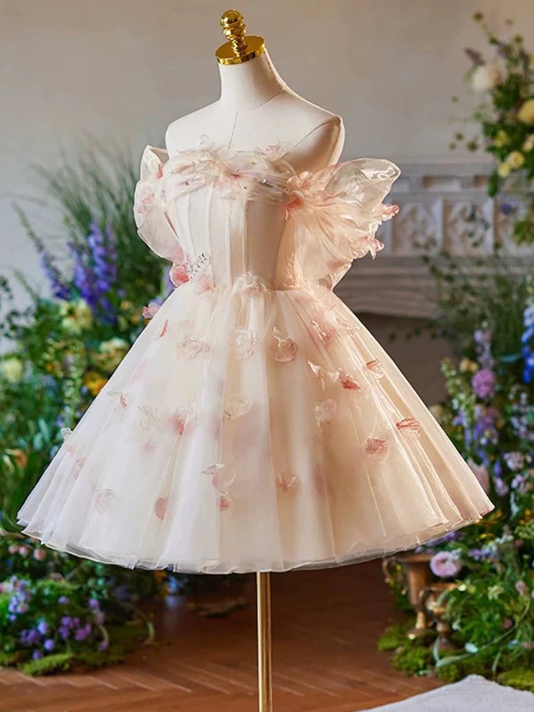 A-Line Off Shoulder Tulle Short Champagne Prom Dress, Cute Homecoming Dress - Deanwangkt