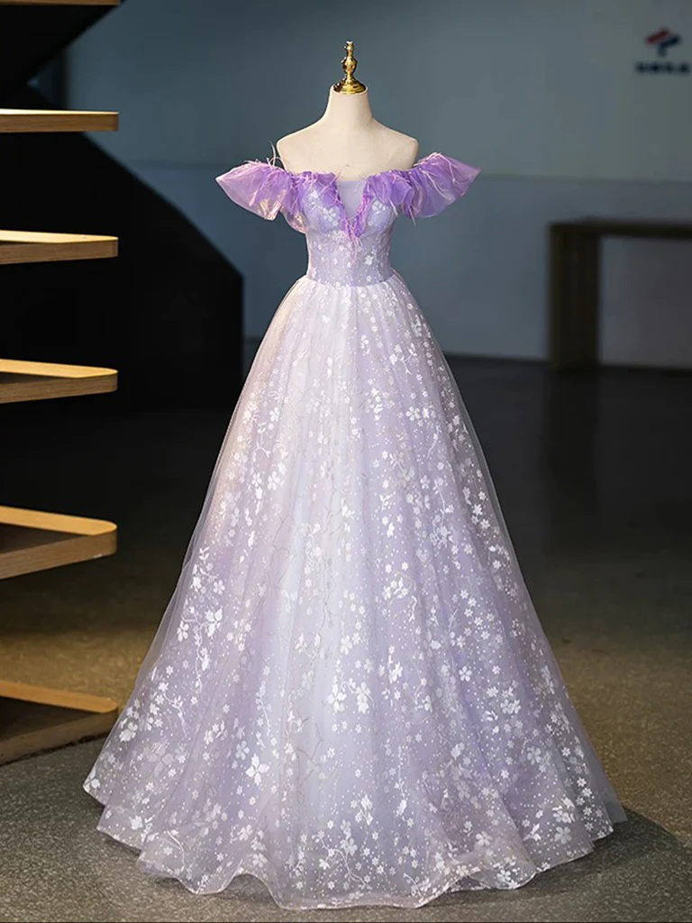 A-Line Off Shoulder Tulle Lace Purple Long Prom Dress, Purple Long Formal Dress - Deanwangkt
