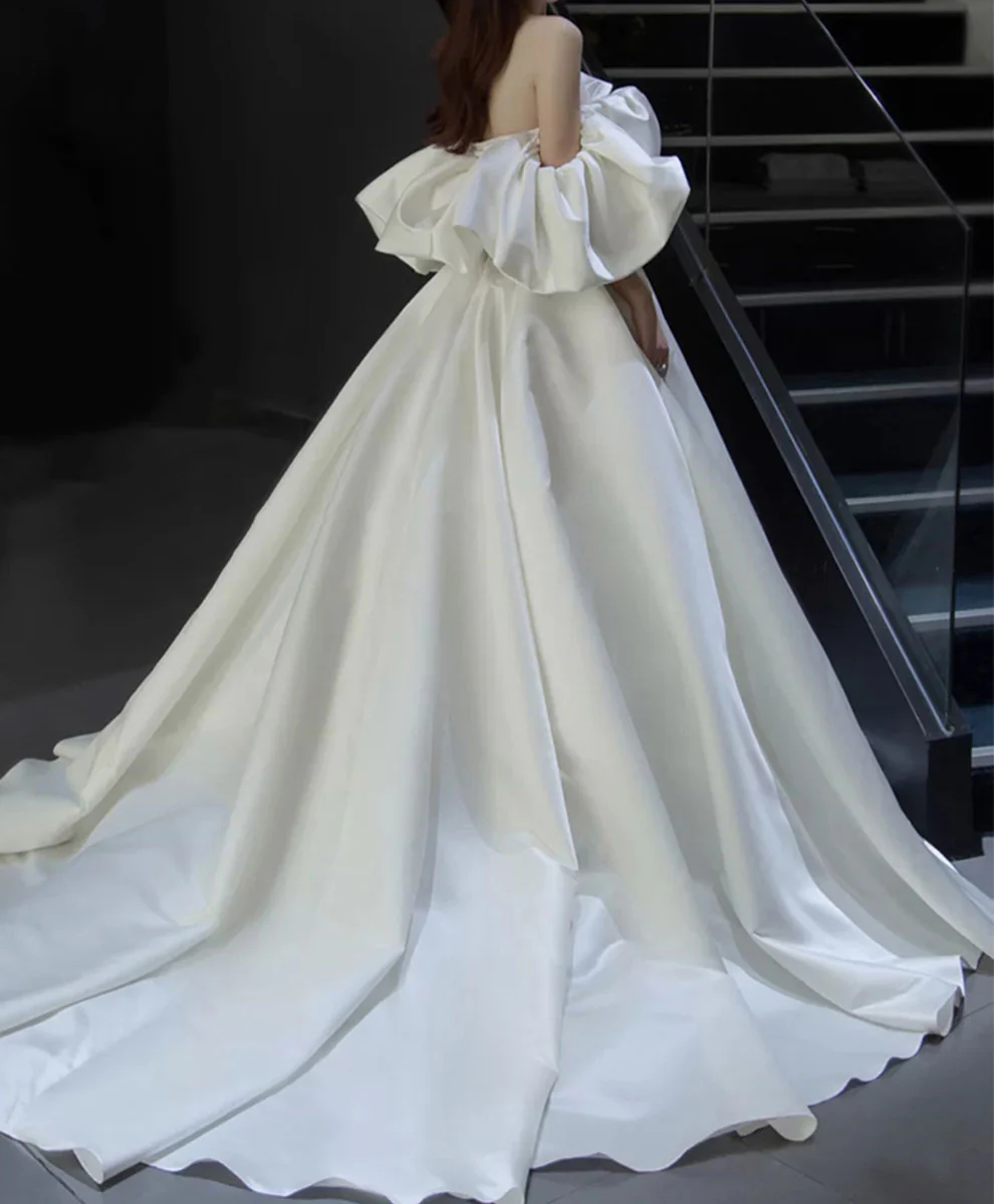 White Off Shoulder Satin Long Wedding Dress White Bridal Gown - Deanwangkt
