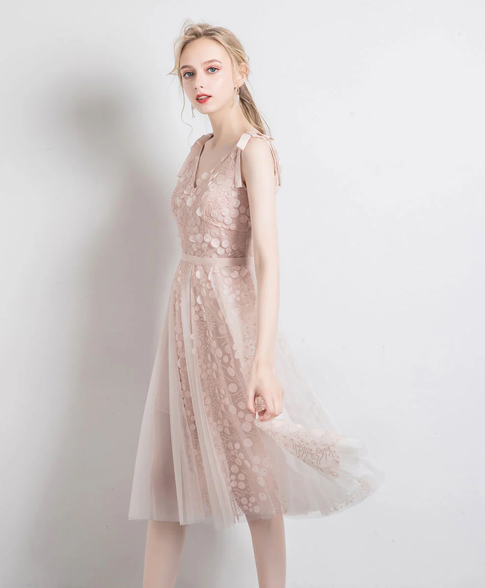 Light Pink Tulle V Neck Lace Short Prom Dress Tulle Lace Homecoming Dress - Deanwangkt