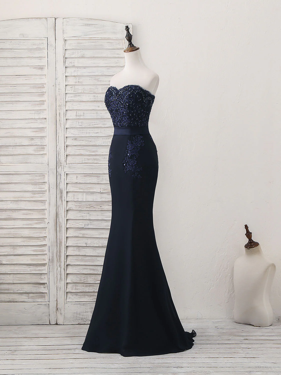 Dark Blue Sweetheart Mermaid Long Prom Dress, Dark Blue Evening Dress - Deanwangkt
