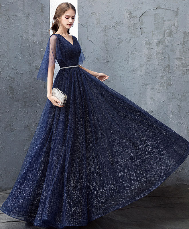 Dark Blue Sequin Tulle Long Prom Dress, Dark Blue Evening Dress - Deanwangkt