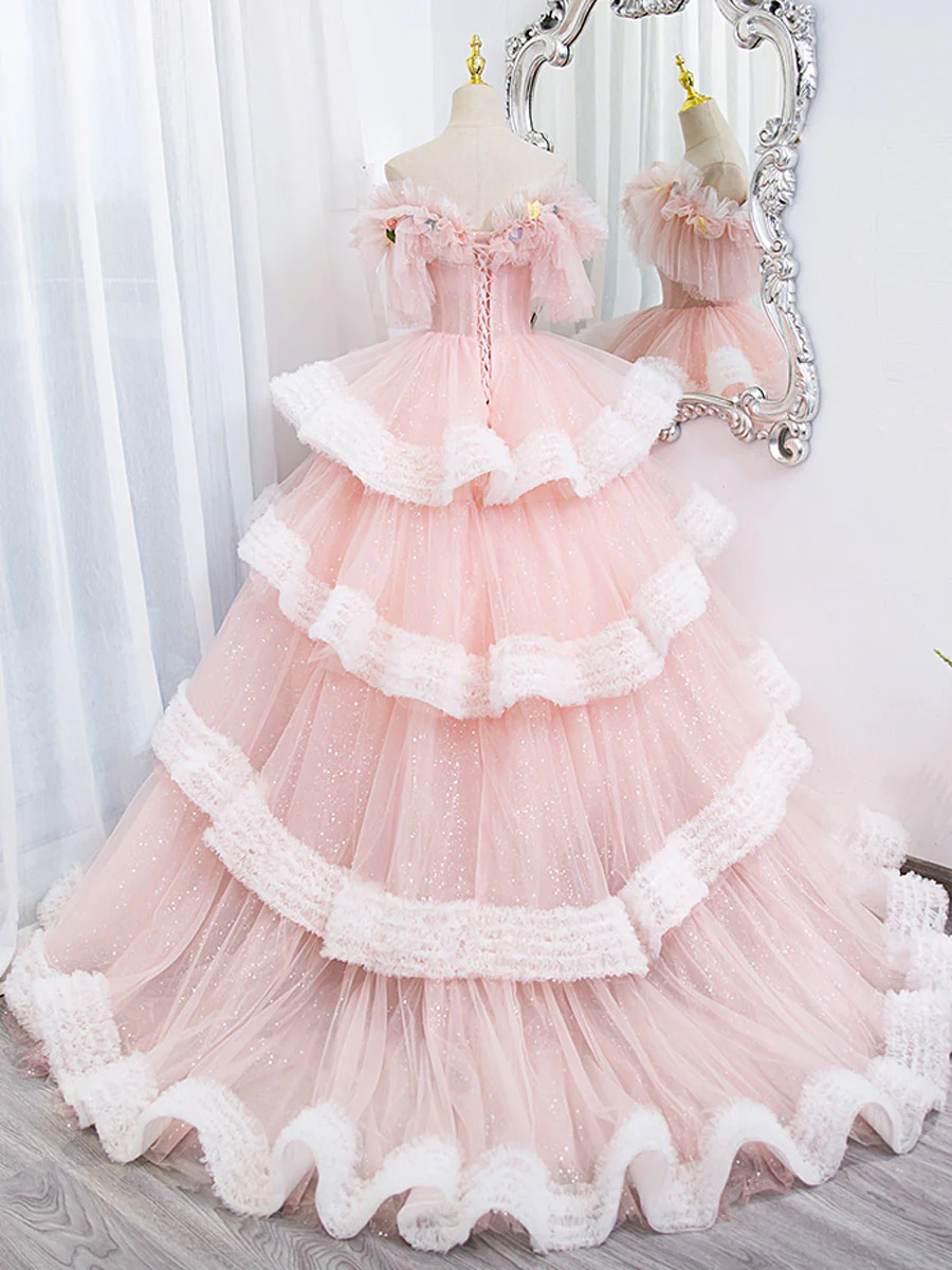 Off Shoulder Pink Long Prom Dresses, Ball Gown Pink Sweet 16 Dresses - Deanwangkt