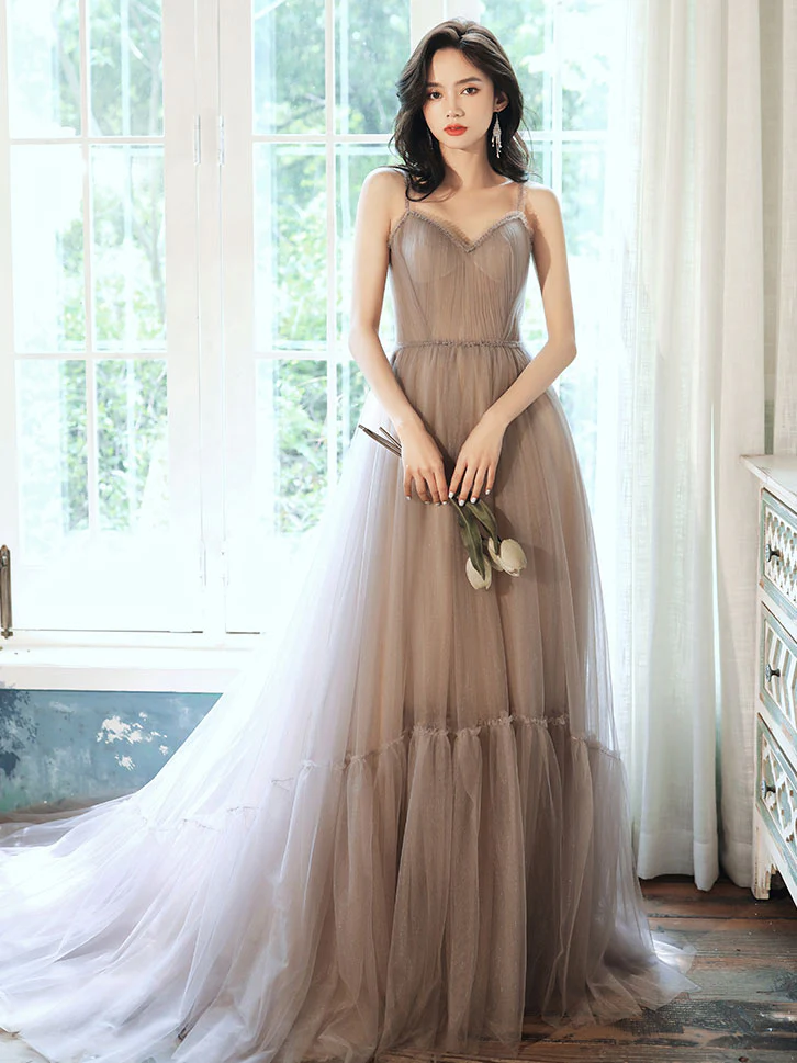 Simple Gray V Neck Tulle Long Prom Dress Gray Formal Dress - Deanwangkt