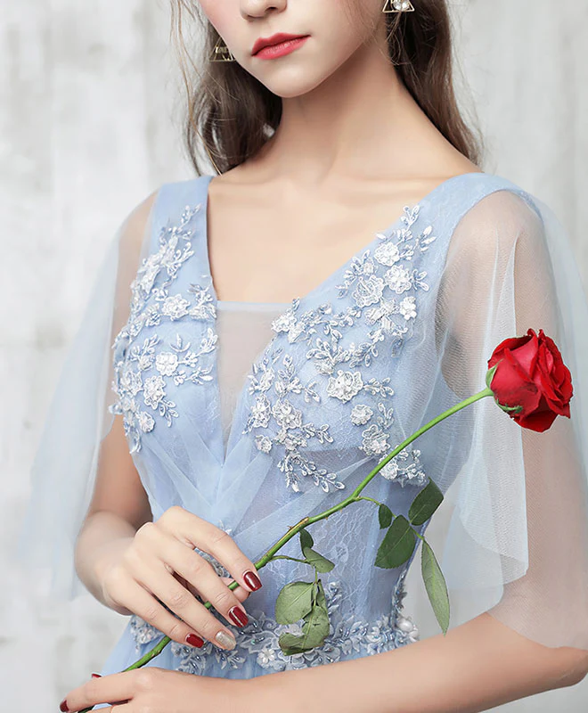 Blue V Neck Tulle Lace Applique Long Prom Dress, Blue Evening Dress - Deanwangkt