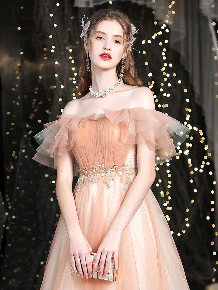 Champagne Sweetheart Neck Tulle Long Prom Dress, Tulle Formal Dress - Deanwangkt