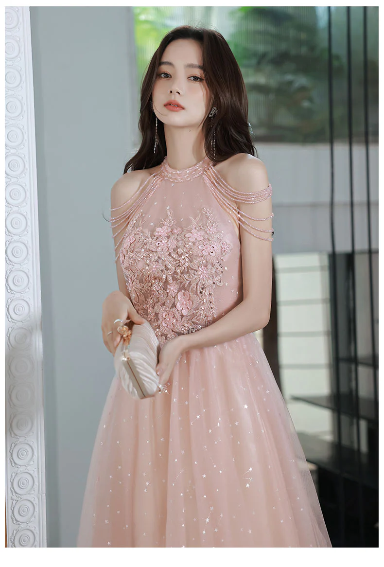 Unique Pink Tulle Lace Tea Length Prom Dress, Pink Tulle Formal Dresses - Deanwangkt