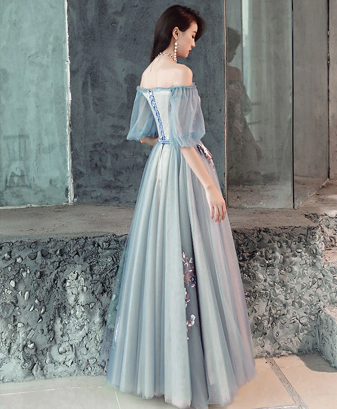 Gray Blue Tulle Lace Long Prom Dress, Gray Blue Evening Dress - Deanwangkt