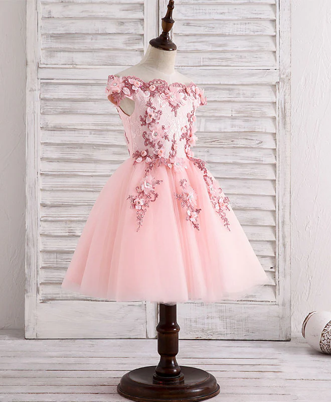 Pink Tulle Lace Applique Short Flower Girl Dresses - Deanwangkt