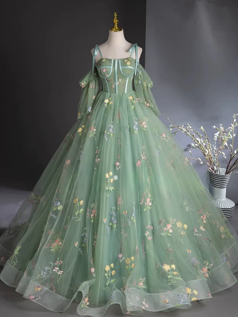 A-Line Sweetheart Neck Tulle Lace Green Long Prom Dress - Deanwangkt