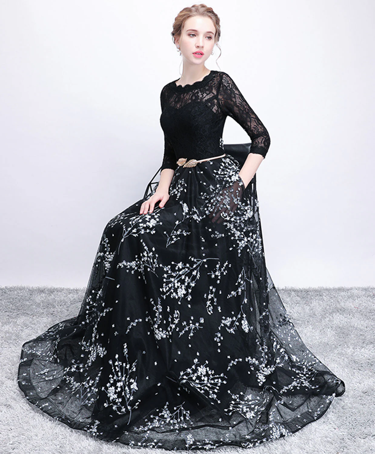 Black Lace Long Prom Dress, Long Sleeve Evening Party Dress - Deanwangkt