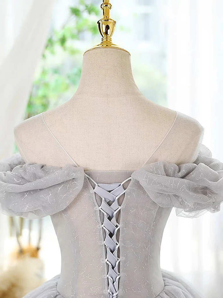 A-Line Scoop Neckline Off Shoulder Tulle Gray Short Prom Dress with Lace Beads - Deanwangkt