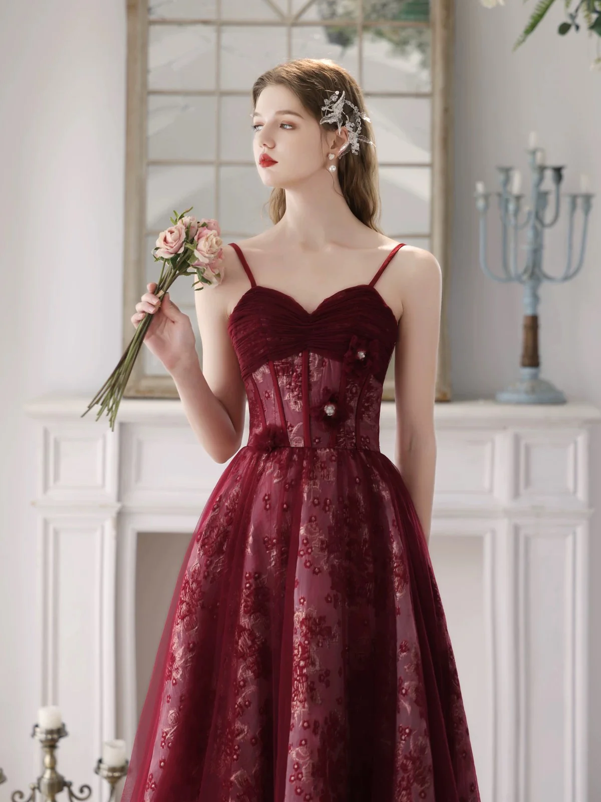 A-Line Tulle Lace Burgundy Long Prom Dress, Burgundy Long Formal Dress - Deanwangkt