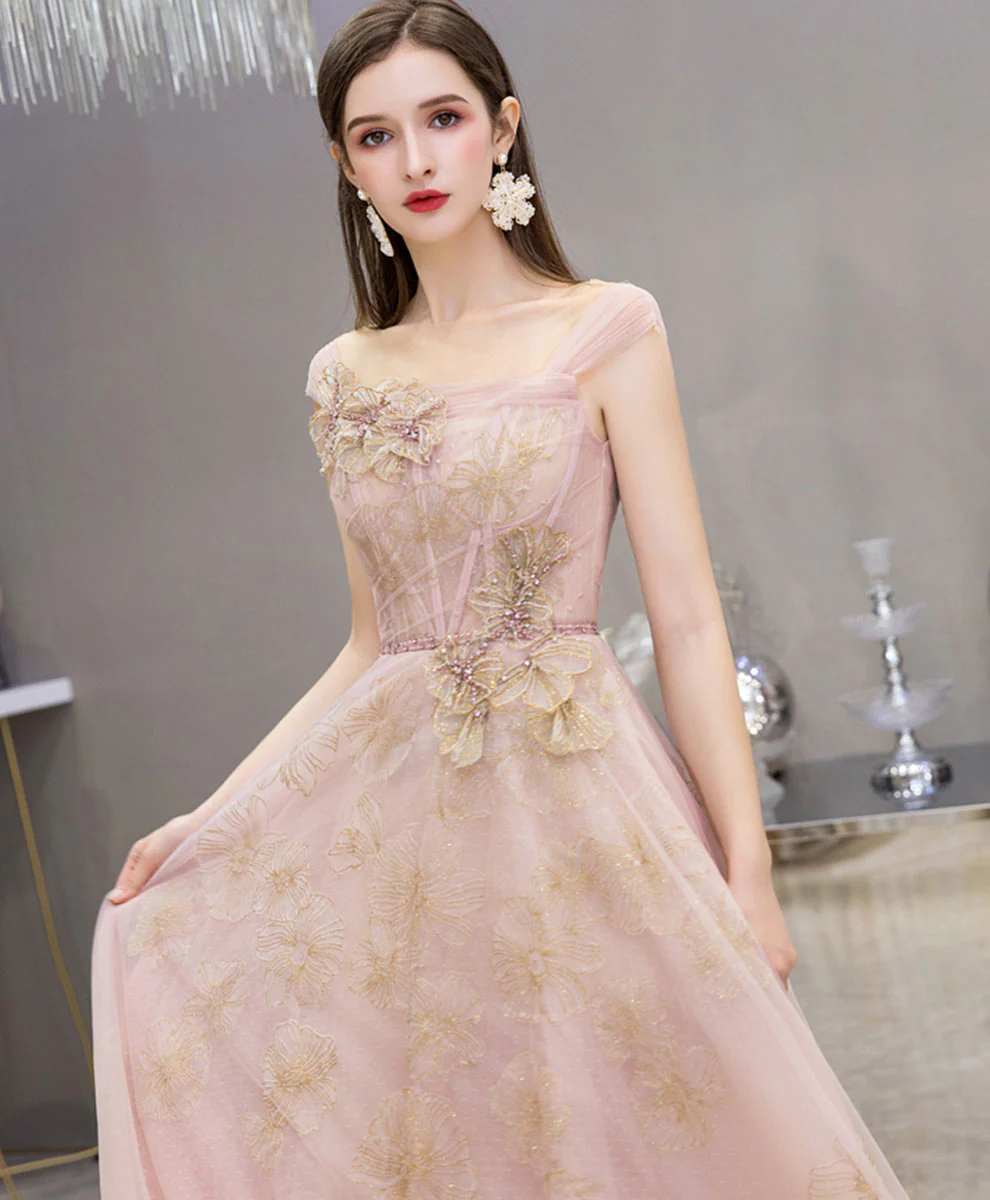 Pink Tulle Lace Long Prom Dress Pink Tulle Formal Dress - Deanwangkt