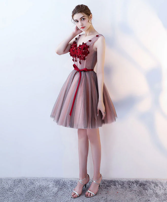 Burgundy V Neck Tulle Short Prom Dress, Tulle Evening Dress - Deanwangkt