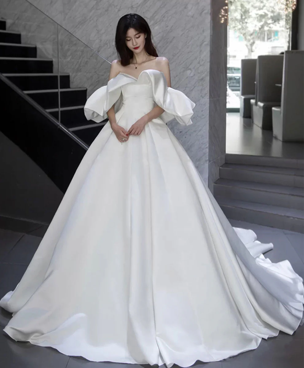 White Off Shoulder Satin Long Wedding Dress White Bridal Gown - Deanwangkt