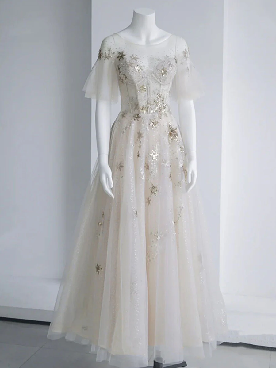 Light Champagne Tulle Sequin Tea Length Prom Dress, Tulle Formal Dress - Deanwangkt