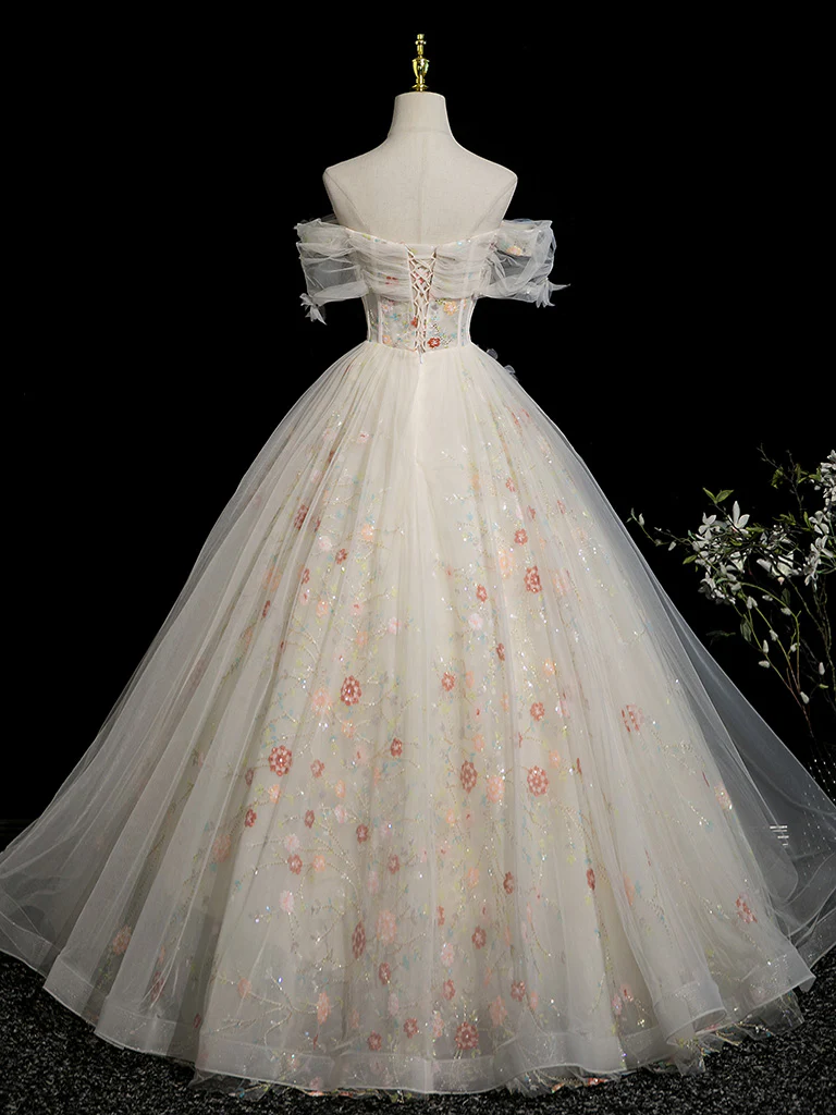 A-Line Sweetheart Neck Tulle Lace Light Champagne Long Prom Dress with Flower - Deanwangkt