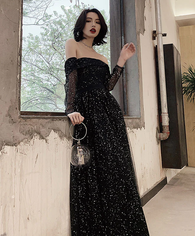 Black Tulle Long Prom Dress, Shiny Black Tulle Evening Dress - Deanwangkt