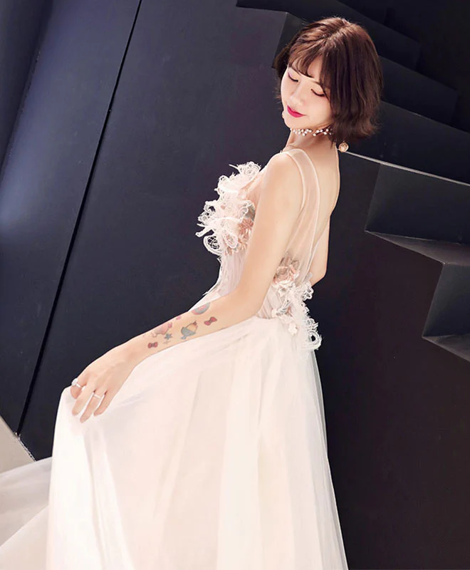 Champagne Lace Tulle Long Prom Dress, Evening Dress - Deanwangkt