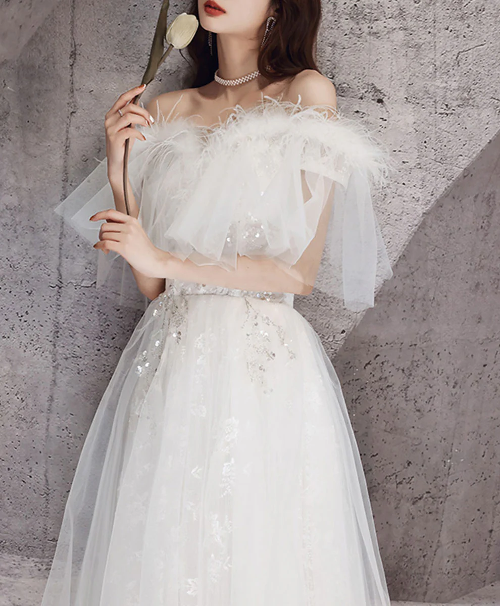 White Sweetheart Tulle Long Prom Dress, White Lace Long Graduation Dress - Deanwangkt